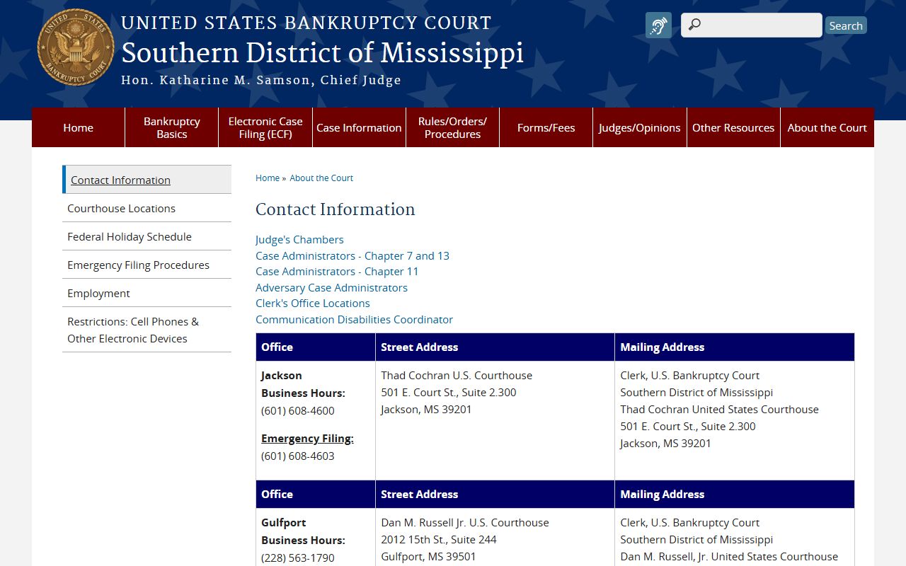 U.S. Bankruptcy Court contact page shown to contrast federal filings with Jefferson County Circuit Clerk records
