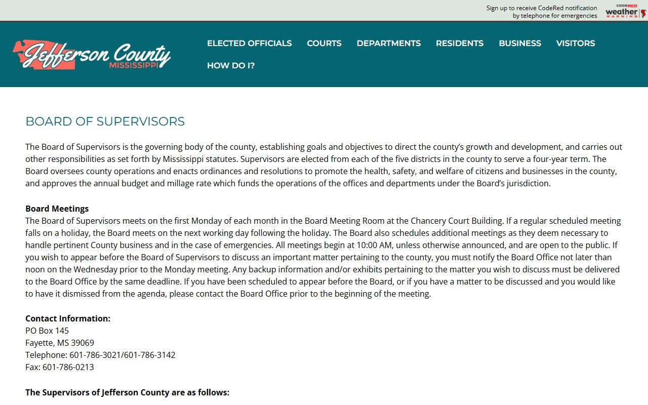 Jefferson County Board of Supervisors page describing the county administration the Circuit Clerk serves