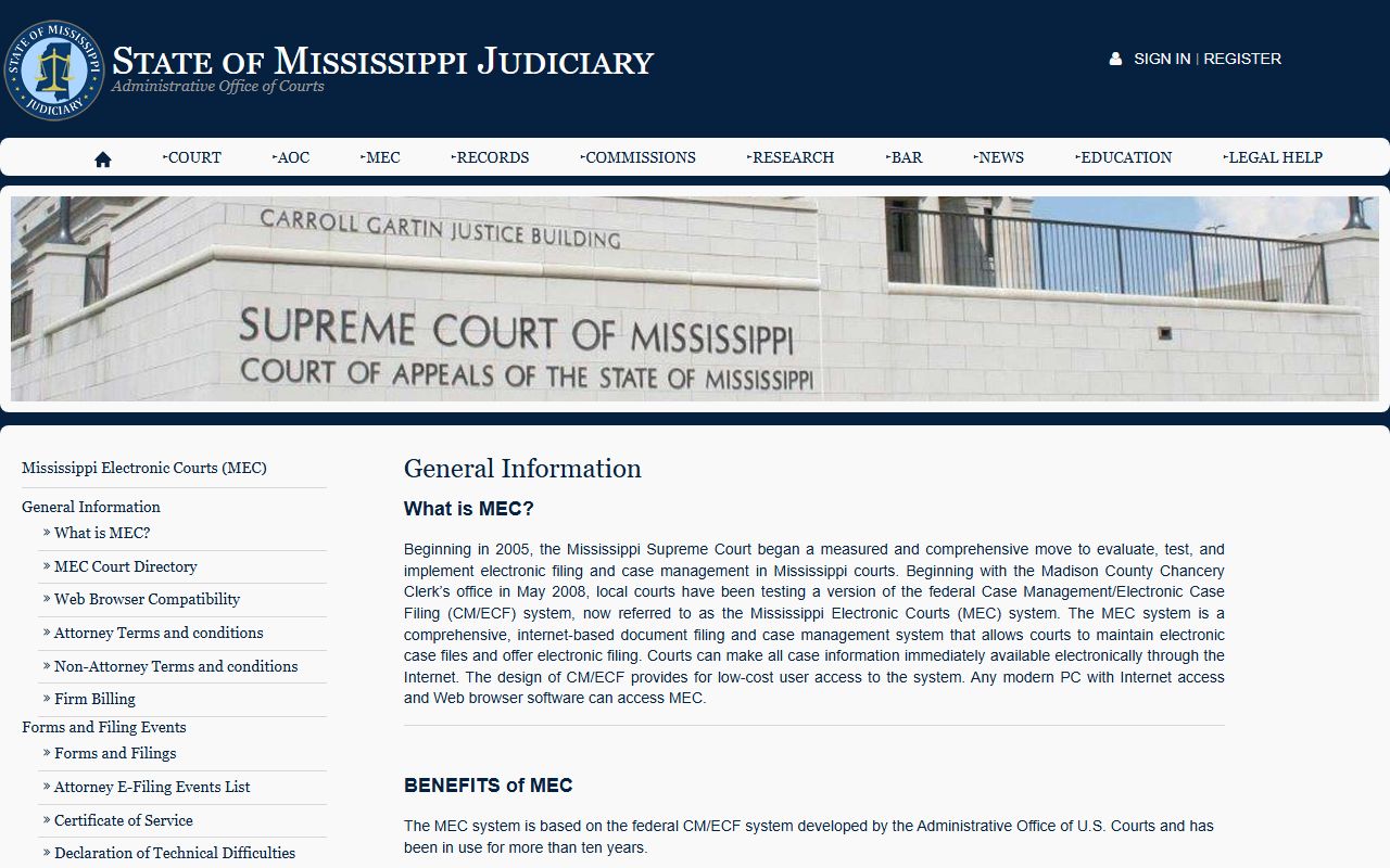 Jefferson County court dockets through the Mississippi Electronic Courts general information page