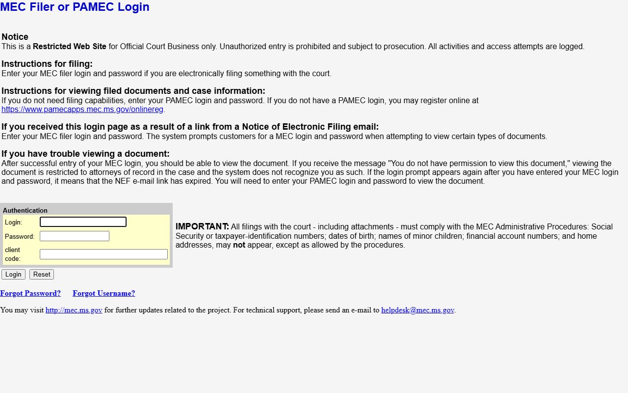 Jefferson County court dockets viewed through the MEC and PAMEC login notice