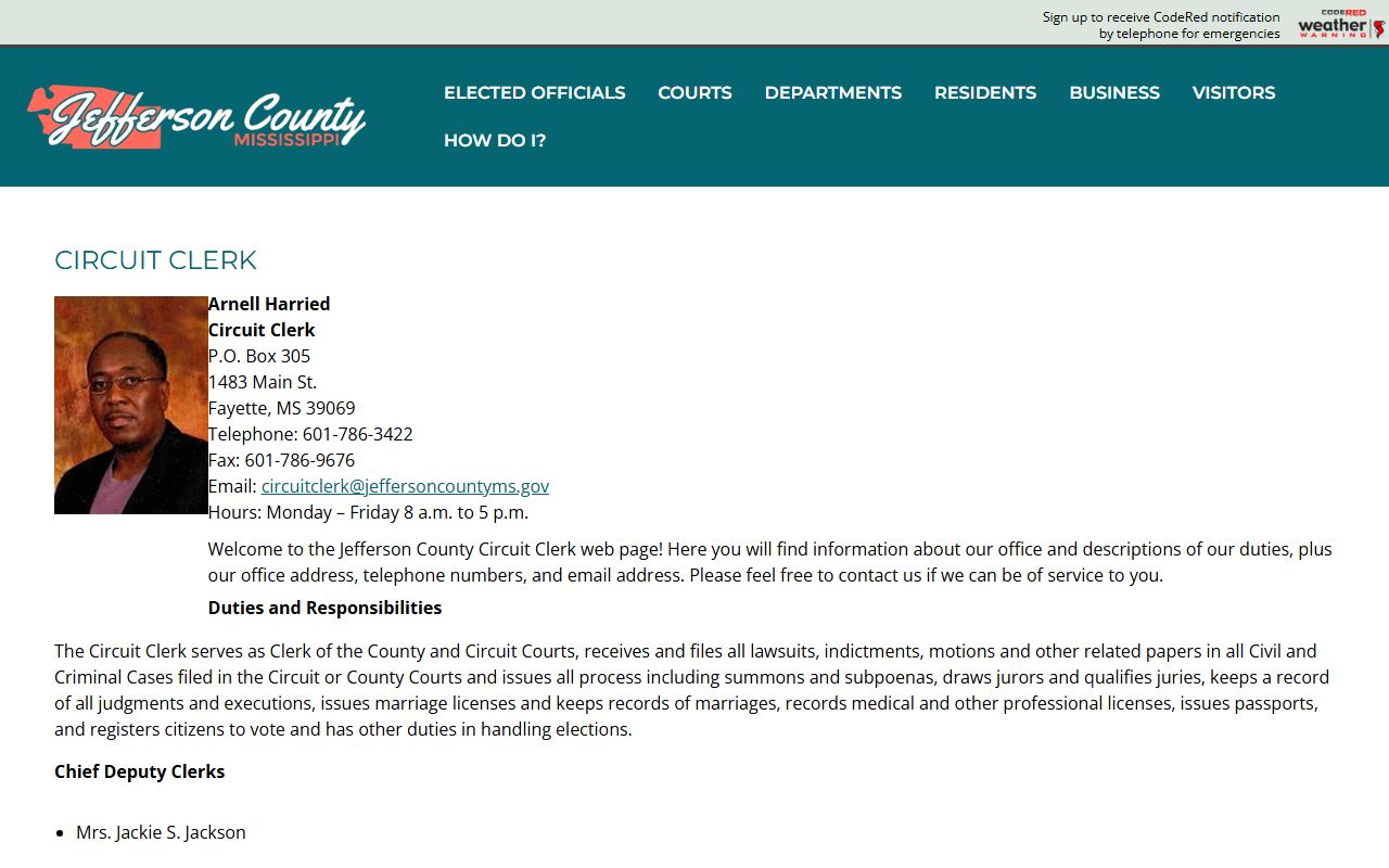 Jefferson County court records page for the Circuit Clerk in Fayette, Mississippi