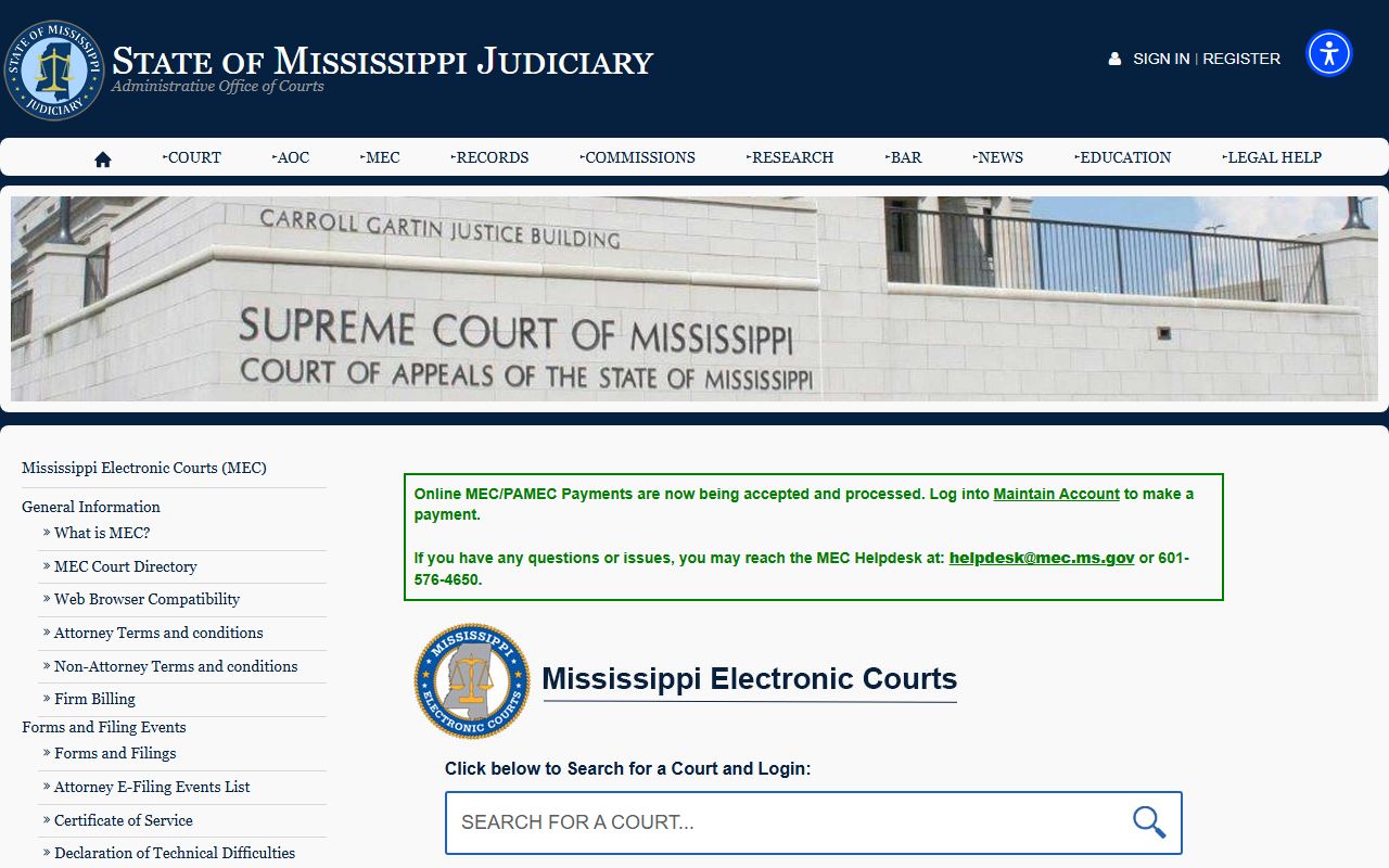 Mississippi Electronic Courts portal used for Jefferson County court records