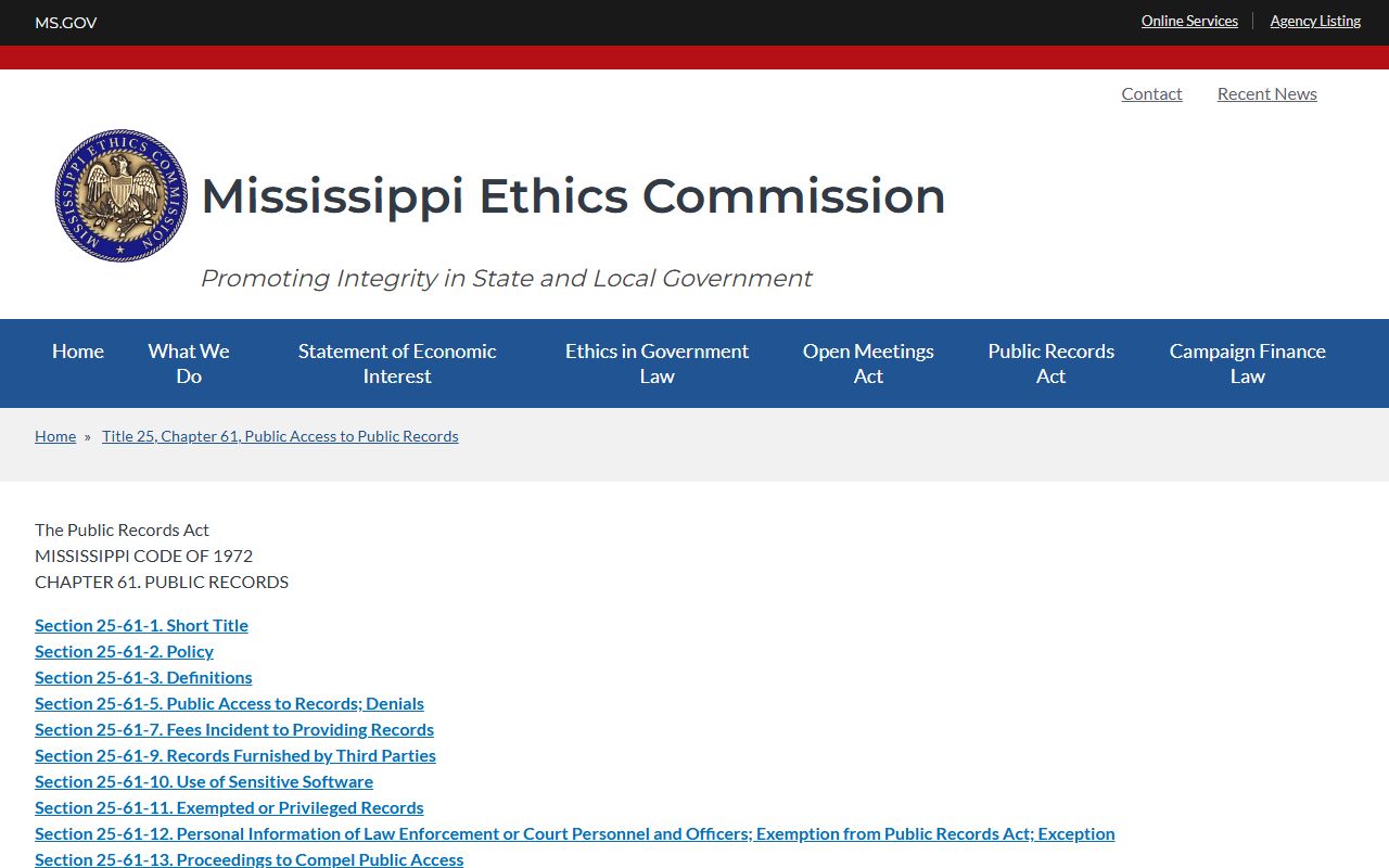 Mississippi Public Records Act page governing Jefferson County court records