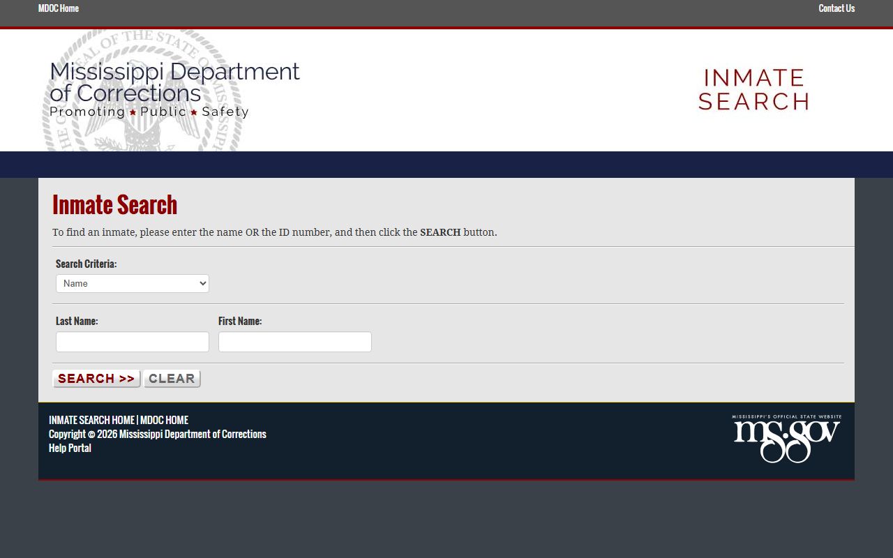 Mississippi eGovernment MDOC inmate search interface for Jefferson County custody lookup