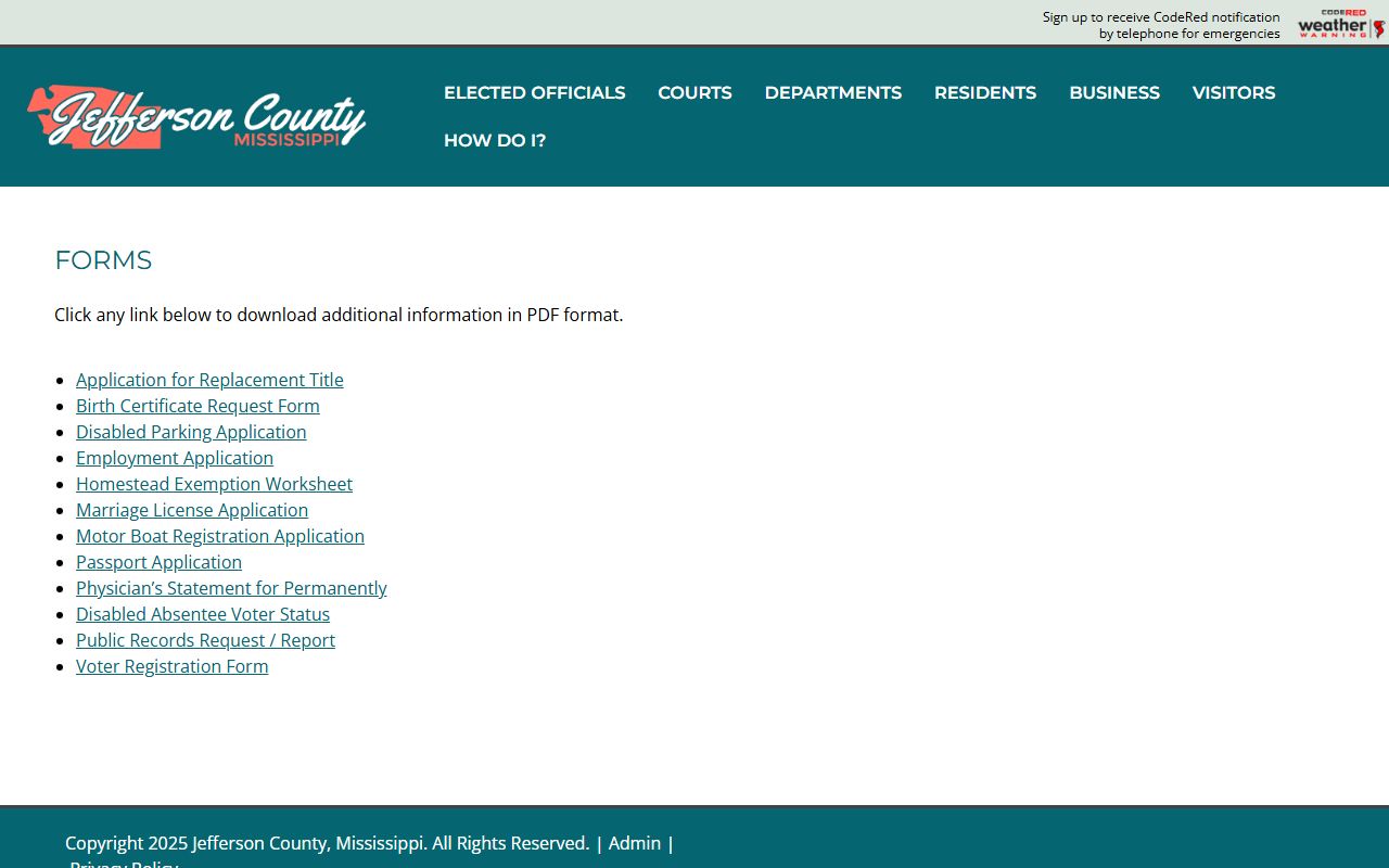 Jefferson County forms page with the marriage license application and other county records forms