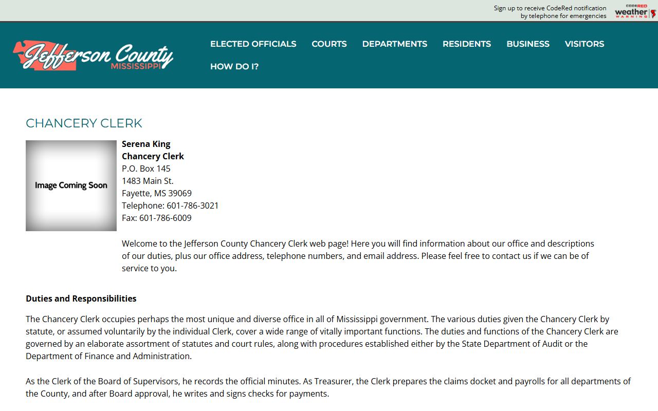 Jefferson County Chancery Clerk page listing probate, estate, and land recording duties