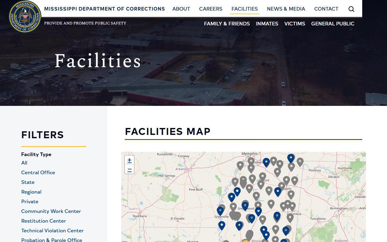 Mississippi Department of Corrections facilities listing, shown as a cross-jurisdiction reference for Jefferson County record seekers