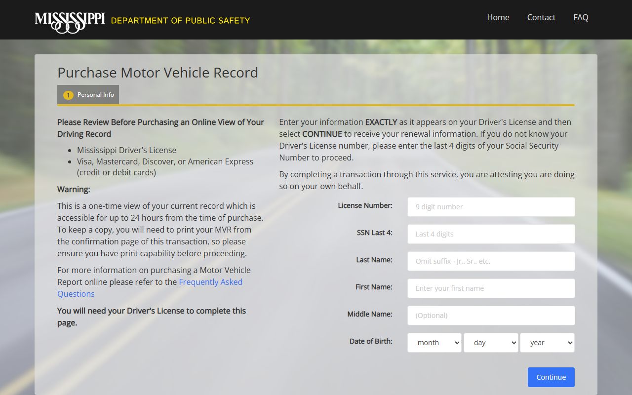 Mississippi Motor Vehicle Record purchase portal used by Jefferson County drivers checking traffic records